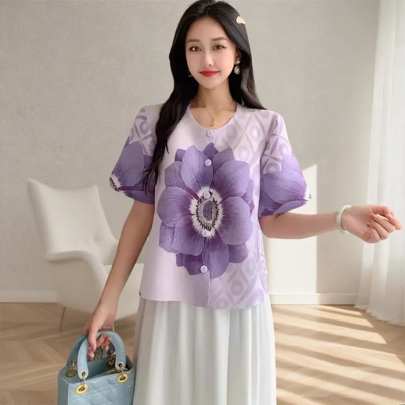 

Miyake Printed Pleated T-shirt Women's Summer Loose Short-sleeved Blouse Casual Thin Stretch Single-breasted Cardigan Jacket