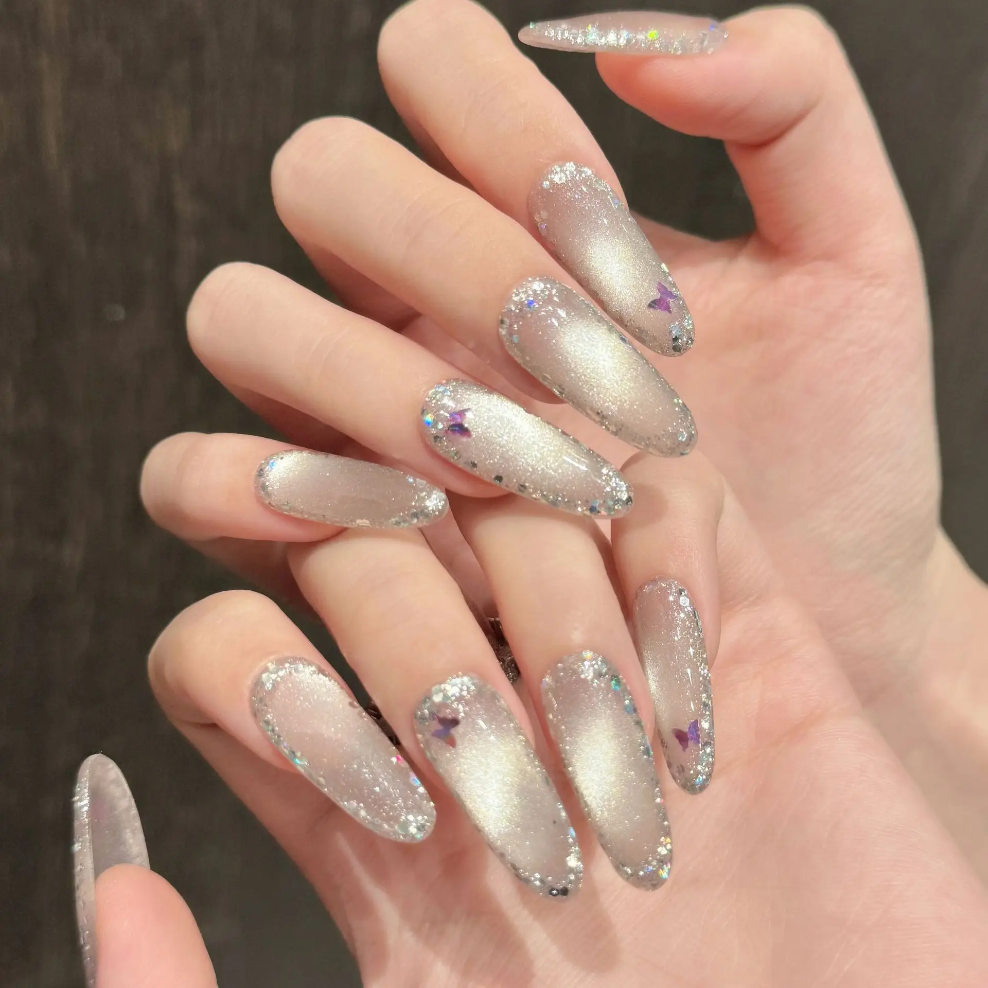 10pcs Glitter Cat's Eye Handmade Press on Nails Tips Simple White Mid-length Oval False Nail Art Butterfly Reusable Fake Nail