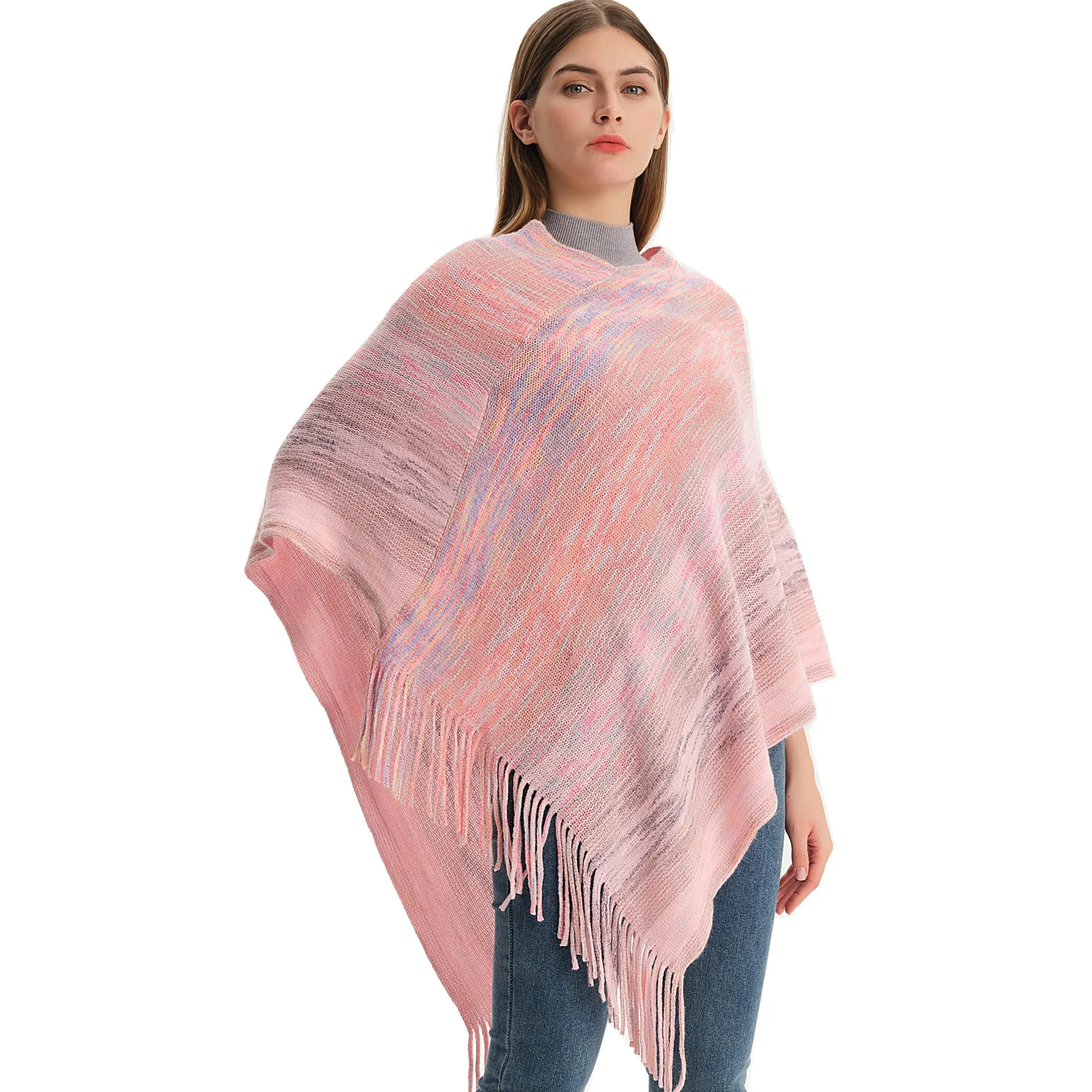 

Spring Autumn New V-neck Pullover Cape Tassel Knitted Shawl Women Poncho Lady Capes Pink Cloaks