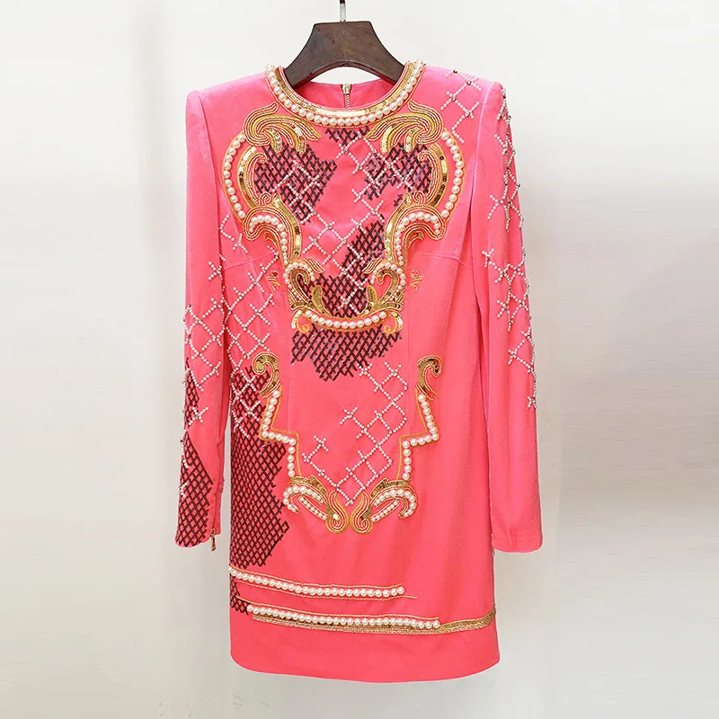 

2024Cross-Border Autumn Winter New European and American Heavy Embroidery Sequin Rhinestone Beaded Long Sleeve Velvet Bodycon Dr