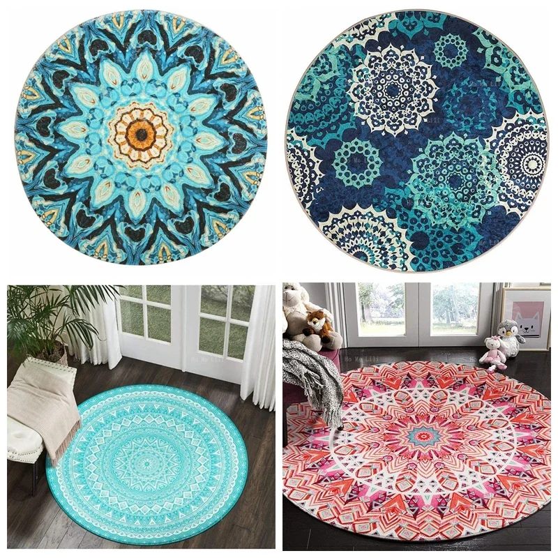 Psychedelic Trippy Pink Mandala Turquoise Floral Green Navy Round Flannel Floor Rugs Boho Carpets For Bedroom Living Room