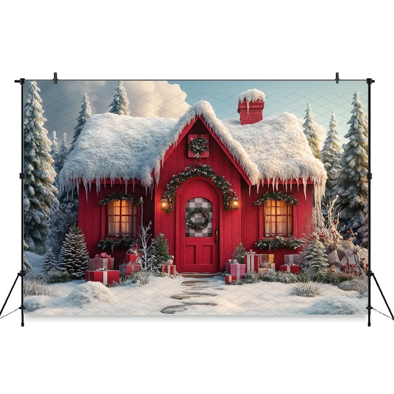 Mocsicka Red Christmas House Background Photography Winter Snow Tree New Year Party Decoration Adult Child Photo Backdrop Banner - Image 5