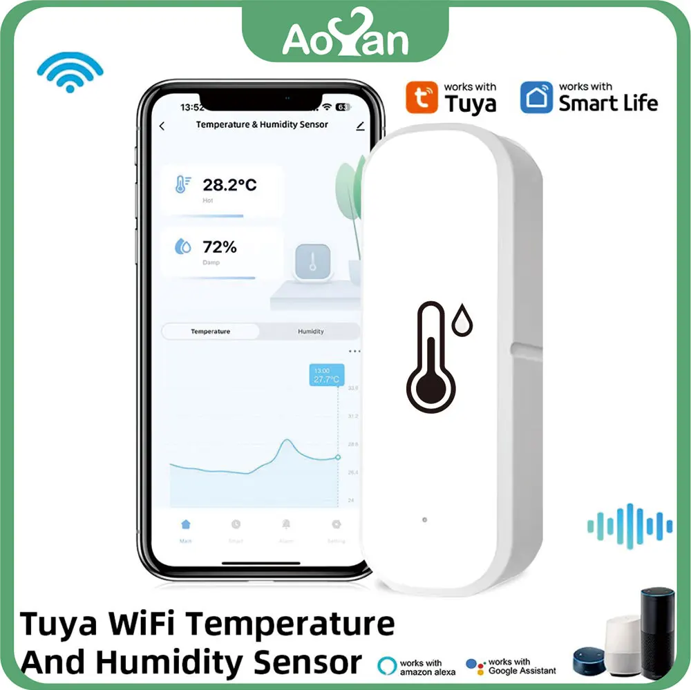 Sensor inteligente de temperatura y humedad WiFi, monitoreo por aplicación alimentada por batería, trabajo de seguridad para el hogar inteligente con Alexa y Google Home