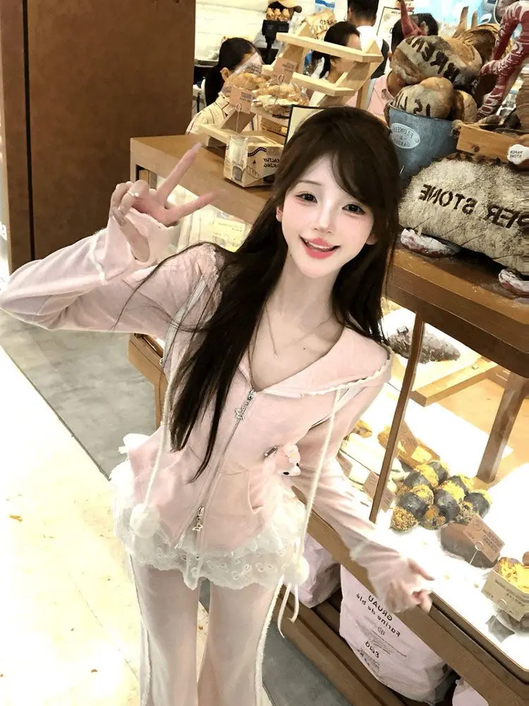

Korea Two-Piece Lace Layered Hooded Waist Jacket High Waist Flared Pants Women Autumn Winter New Fashion Casual Sports Suit