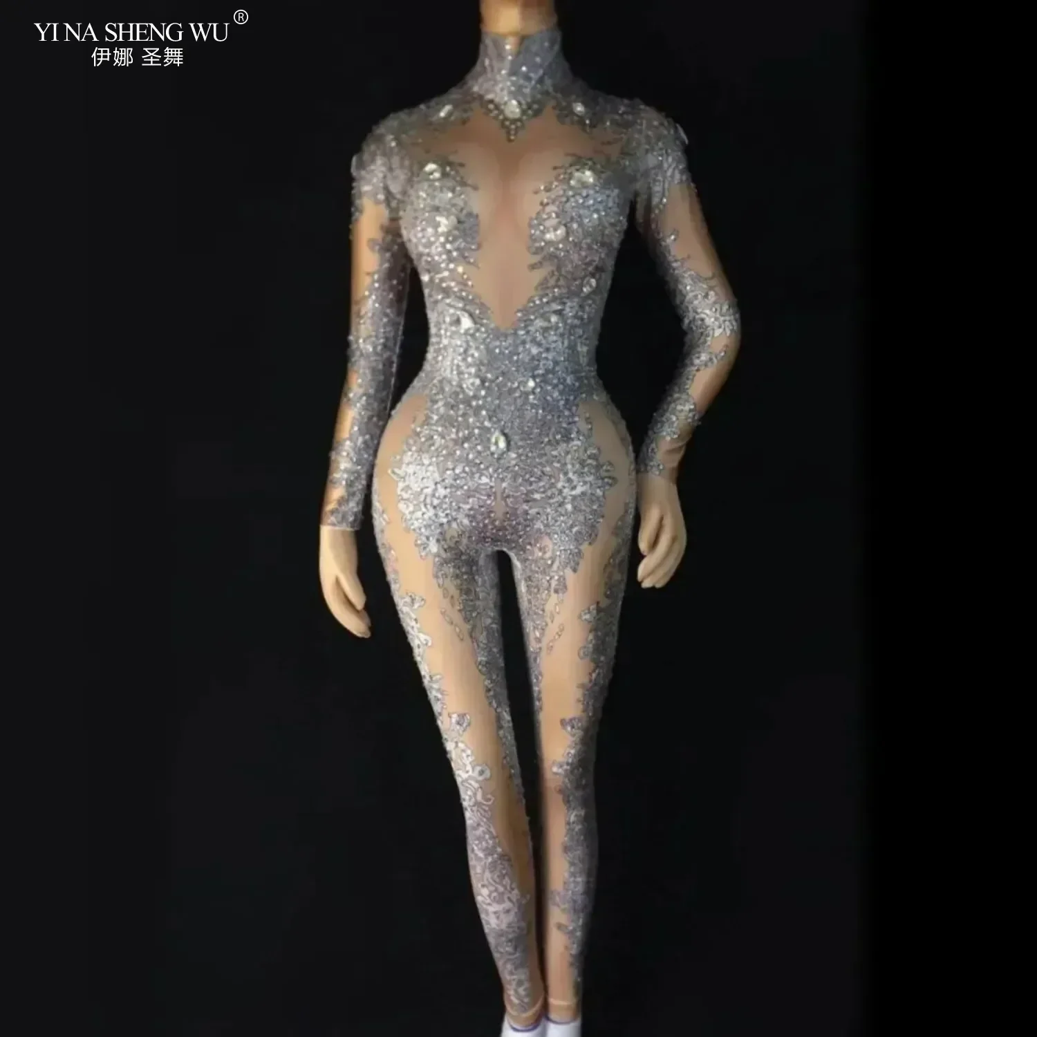 

Rhinestones Sparkly Jumpsuit Fashion Sexy Nude Big Stretch Dance Costume One-piece Bodysuit Nightclub bar sexy clothing 3color