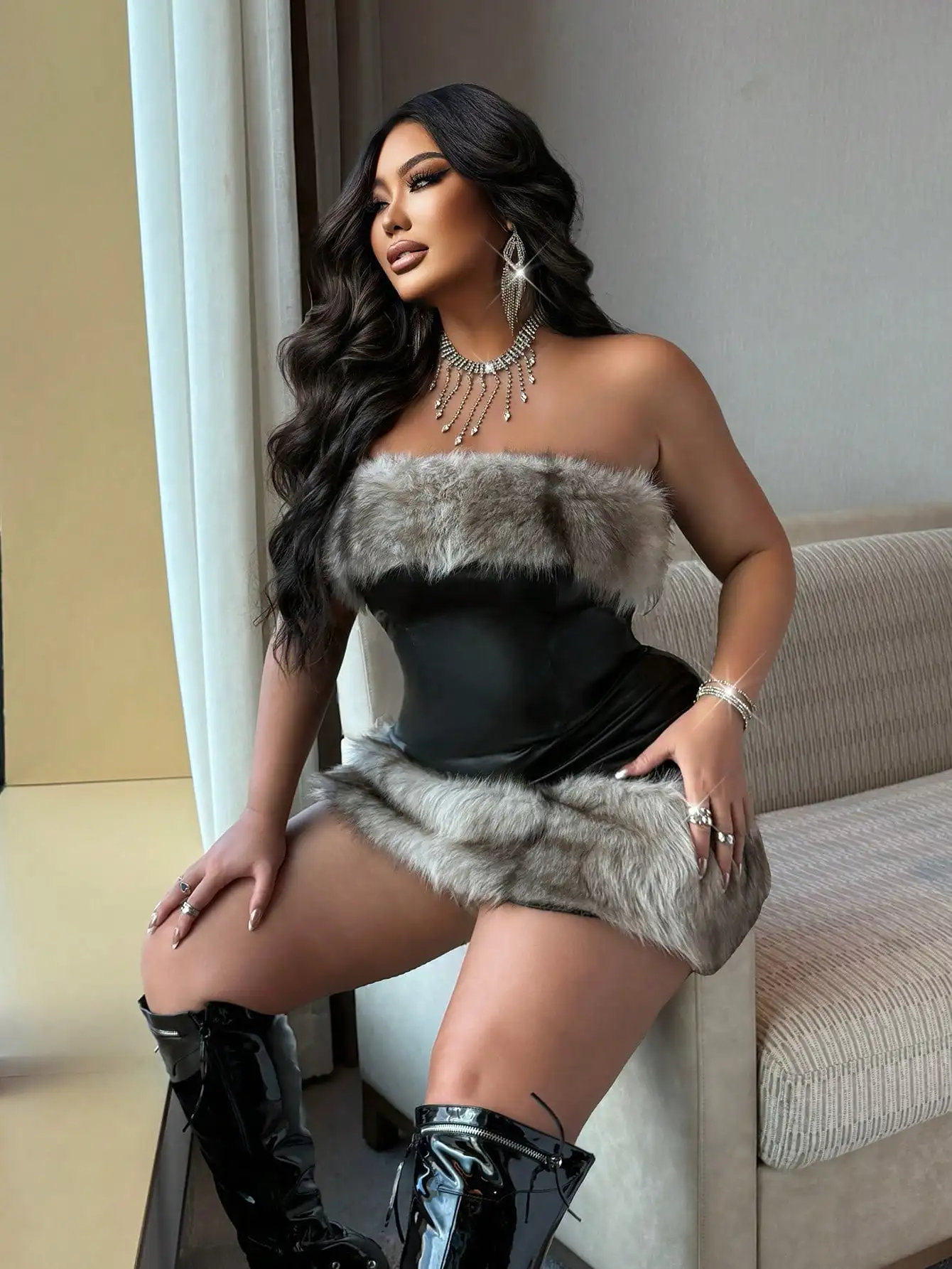 

Комплект: мини-платье-бандо с отделкой из искусственного меха больших размеров, сексуальный зимний наряд для вечеринок, клубов, свиданий, Нового года