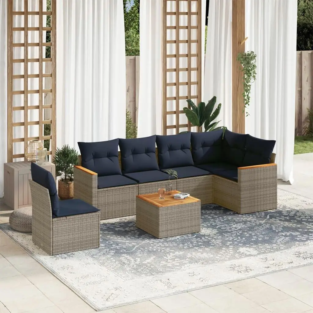 

7 Piece Outdoor Patio Sofa Set with Cushions Gray Poly Rattan Furniture for Garden Balcony and Porch