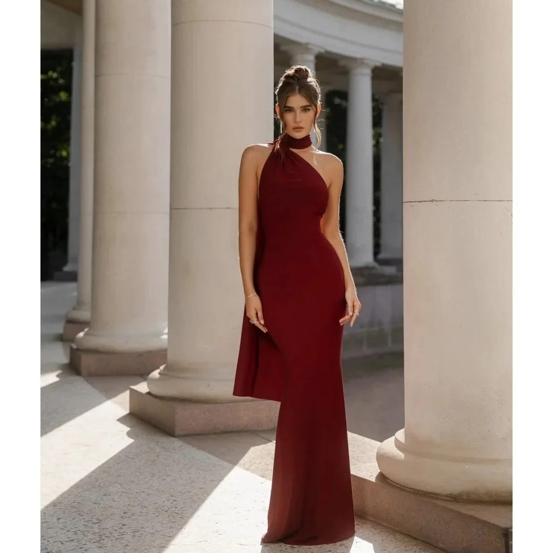 

Burgundy Halter Long Bespoke Occasion Gown Long Evening Dresses Pastrol Unisex Jersey Retro Dubai Saudi Arabic Prom Customized