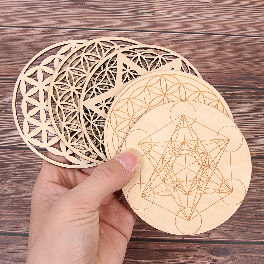 1PC Chakra Flower of life Natural Symbol 7 Kinds Wood Round Edge Circles Carved Coaster For Stone Crystal Set DIY Decor Healing