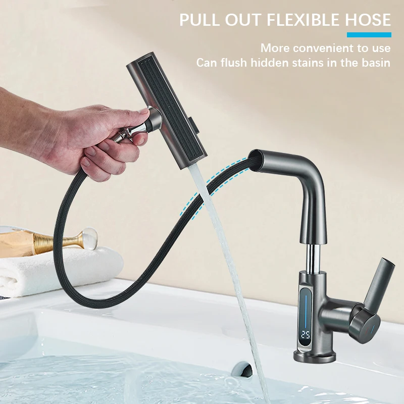 Temperature Digital Display Basin Faucet For Bathroom Pull Out Waterfall Stream 3 Way Sprayer Hot Cold Water Sink Mixer Wash Tap