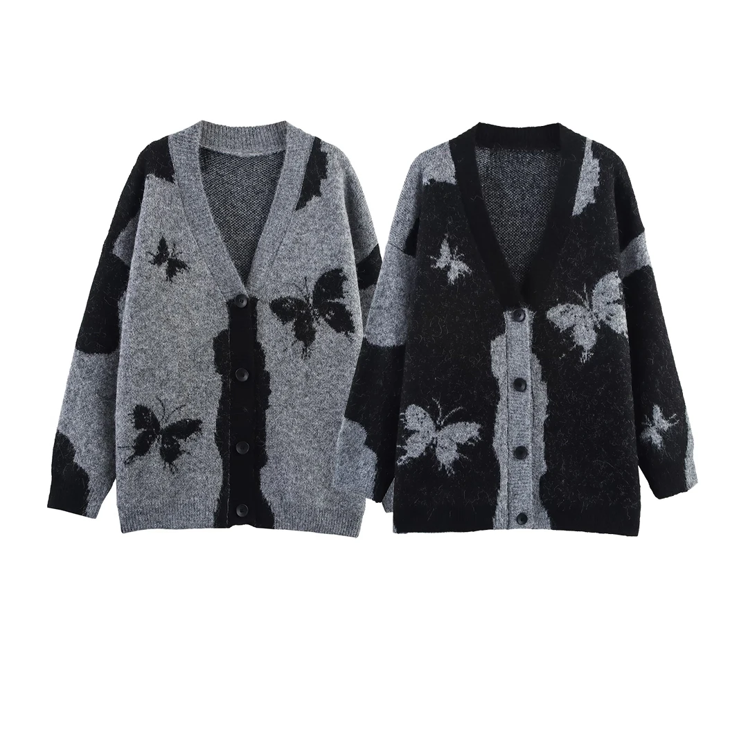 

Korejepo New Women European American Style Lazy Butterfly Jacquard V-neck Long-sleeved Knitted Sweater Cardigan Jacket