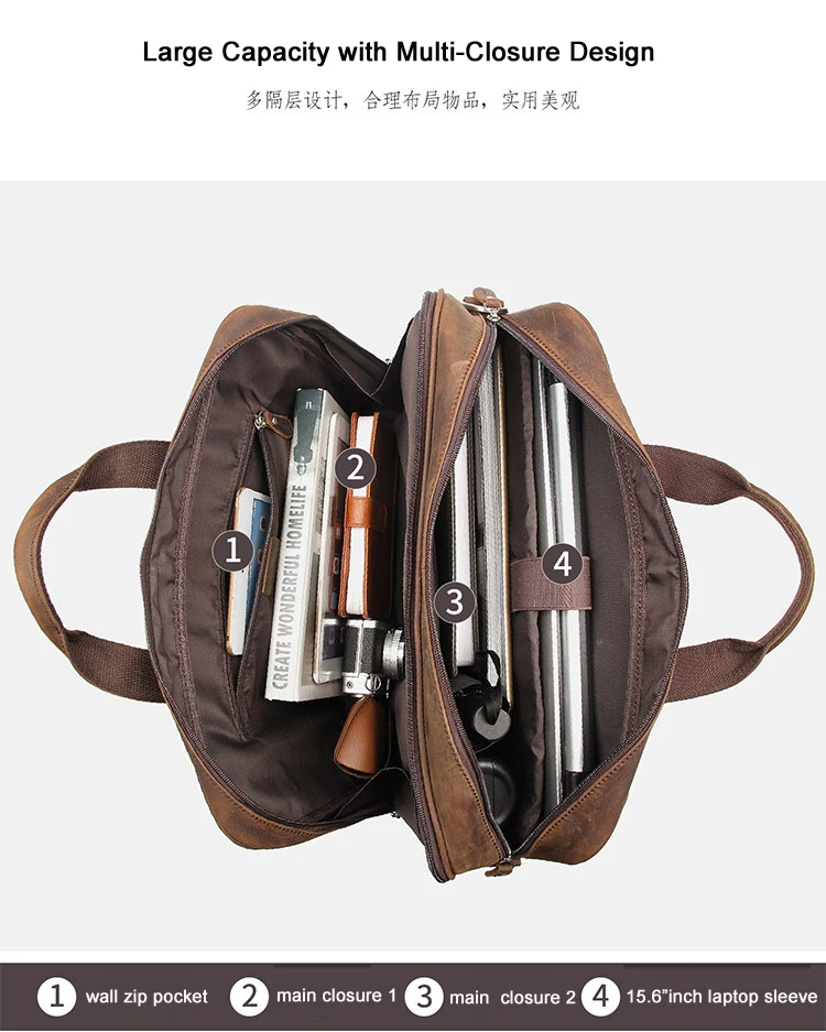 High Quality Genuine Leather Men Briefcase Business Bag Crazy Horse Leather Large 17'inch Laptop Bag Male Portfolio Office Case