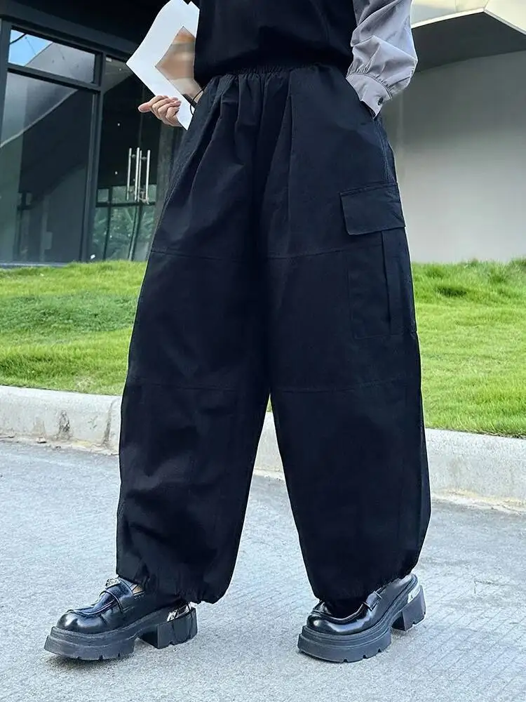 高弾性ウエスト黒ポケット巾着ロングワイドレッグパンツ新しいズボン女性ファッション潮春秋