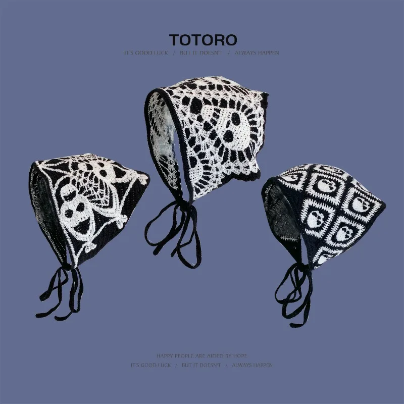 

Y2K Halloween Skull Knitted Triangular Hair Scarf for Women Summer Autumn Travel Photo Versatile Casual Thin Pullover Hat