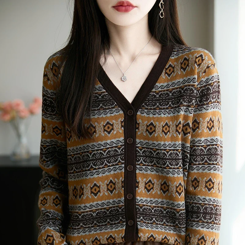 Women Vintage Jacquard Knit Cardigan V Neck Loose Long Sleeve Wool Casual Outerwear Top