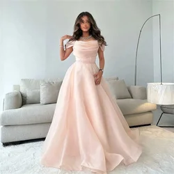 Lily Off The Shoulder Pink Organza A-line Prom Dresses Gown Cowl Neck Pleat Arabic Dubai Long Dance Party Gowns Robe De Soirée