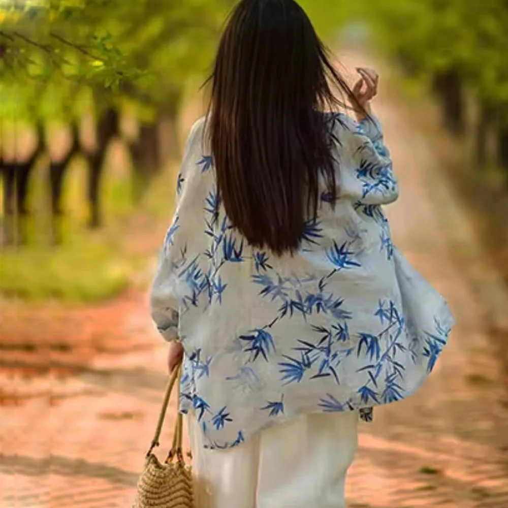 Print Dunne Jas Kimono Vintage Chinese Kikker Knop Halflange Zonbeschermende Shirt Vrouwen Zomer Losse Grote Ramee tops