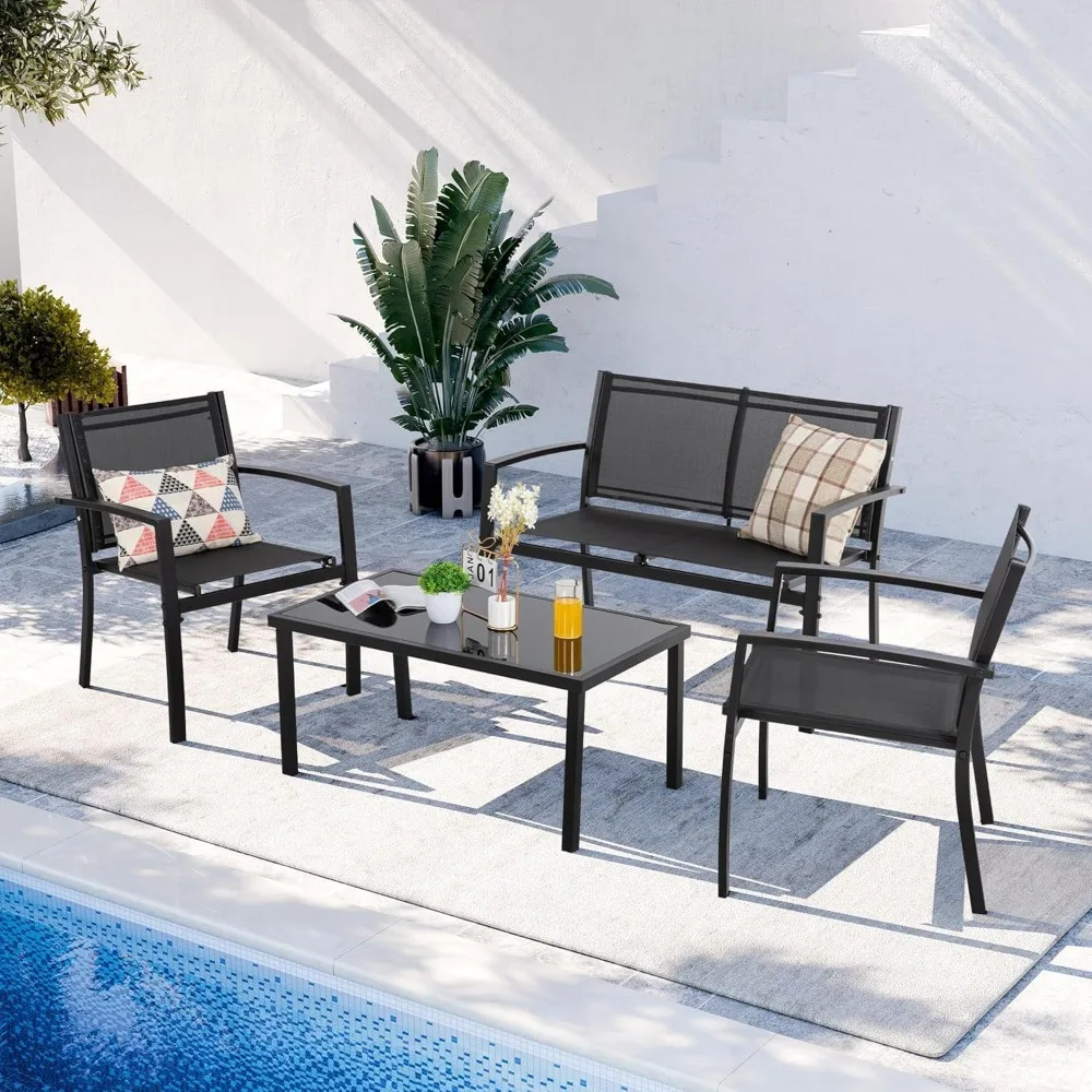 

4 Pieces Patio Furniture Set, Outdoor Conversation Set, with Glass Coffee Table, 2 Single Chairs, Garden Furniture Sets
