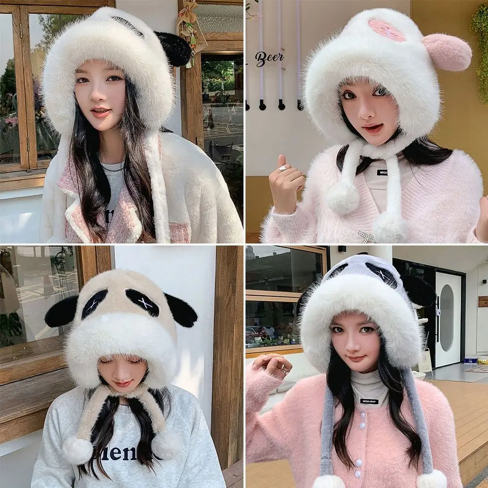 Cute Plush Panda Ear Hat Windproof Winter Warm Bomber Ha Thickened Bucket Hat for Woman Girls