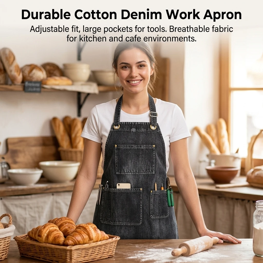 1pc Denim Apron Breathable Cotton Cooking Bib for Professional Chef Baker Cafe Restaurant Staff Durable Uniform