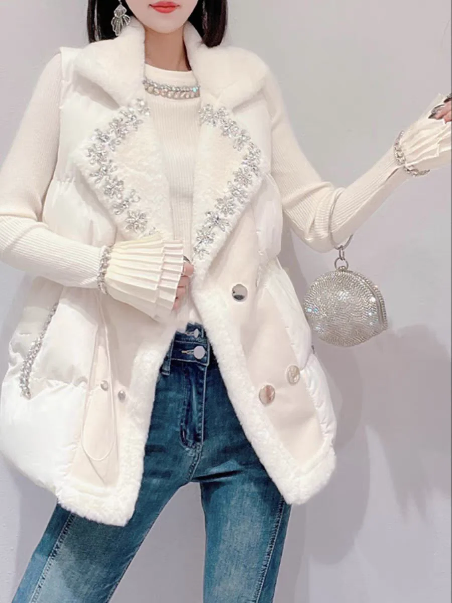 

Heavy Workmanip Rabbit Fur Vest Jaet Women's Loose Long Cotton Top Mid-Length Suit Collar Winter Faion Outerwear