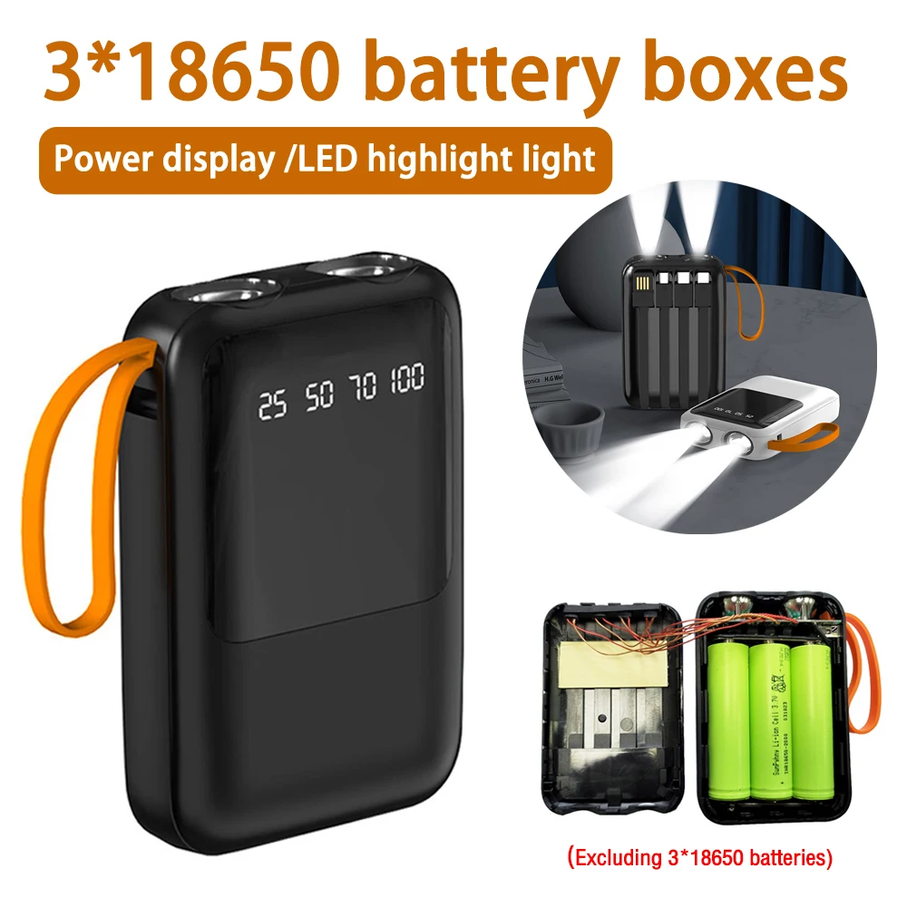 DIY 3*18650 Power Bank Case Battery Charge Storage Box Mobile Power Supply Shell 3 Slot Batteries Housing Type-C USB Flashlight