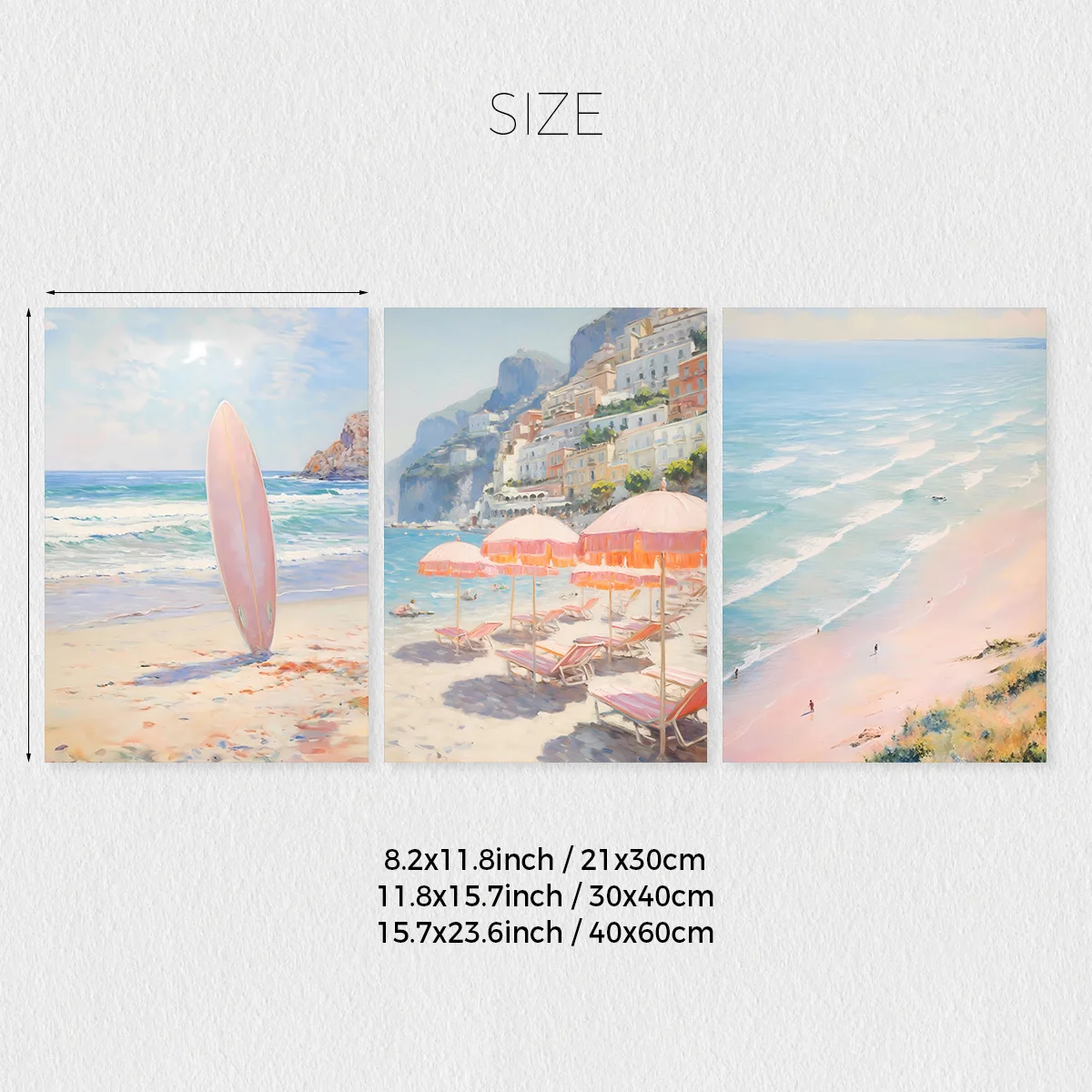 Set of 3 Pink Surfboard Beach Painting Coastal Seascape Wall Art, Amalfi Coast Italy Scenery Painting, retro Aesthetic Canvas Poster, Girl Apartment Home Decor, Ideal Gift for Bedroom Living Room Hallway, Wall Art, Wall Decor, Room Decor, No Frame