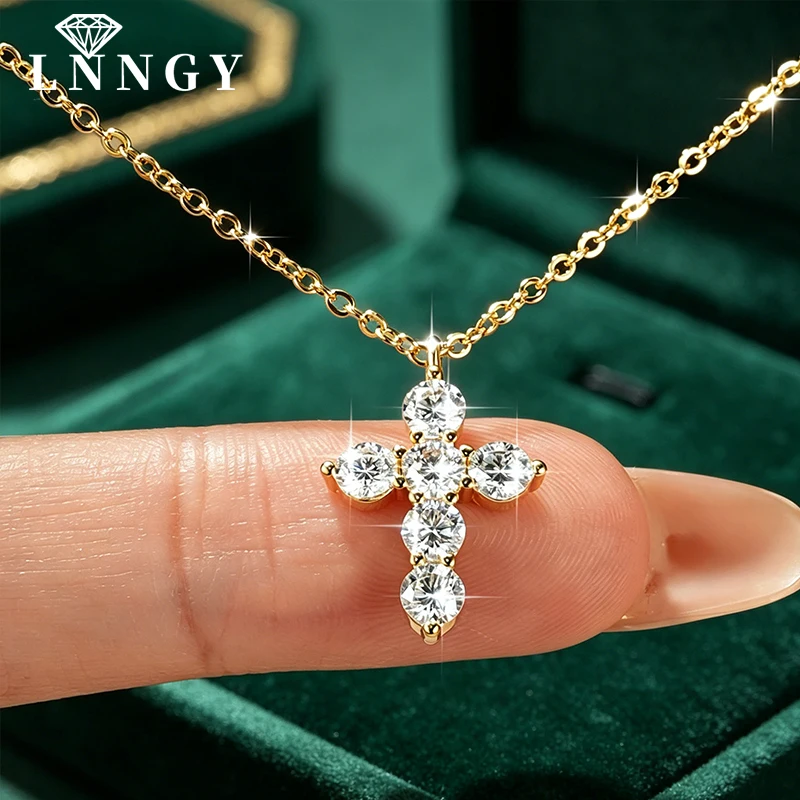 

Lnngy 3.5mm Round Moissanite Pendant Necklace For Women14K Gold Filled Cross-shaped Necklaces European and American Jewerly