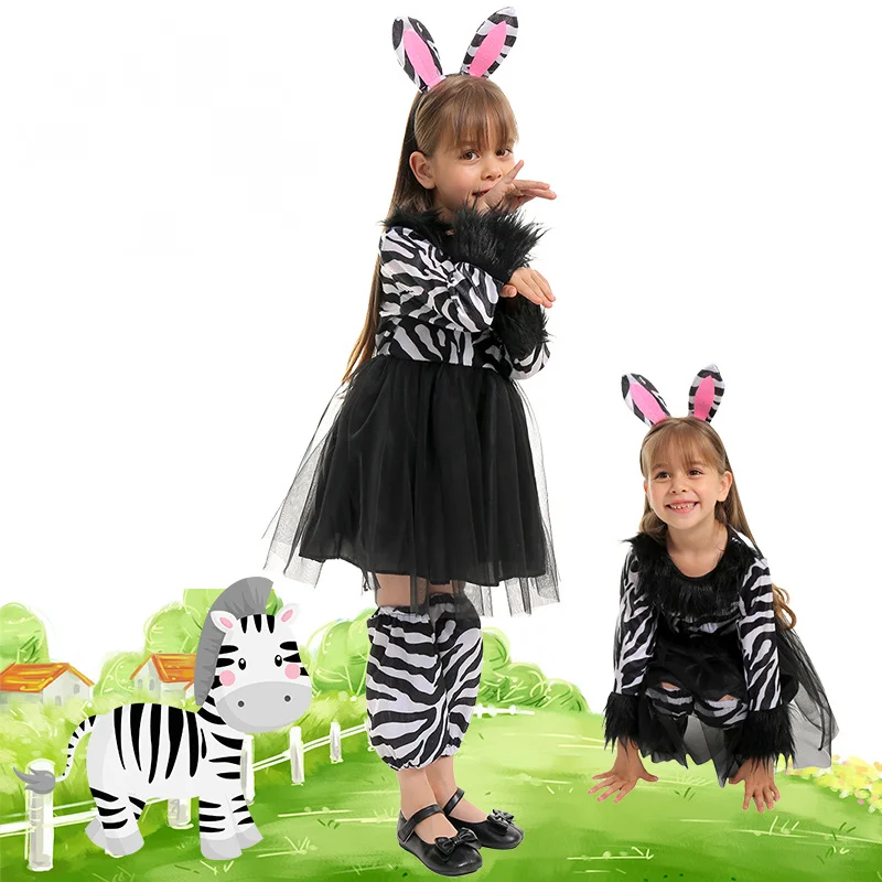 

Halloween Children Zebra Dress Cosplay Costume Animal Cute Stage Performance Holiday Party Costume Long Sleeve Streak Dress Set