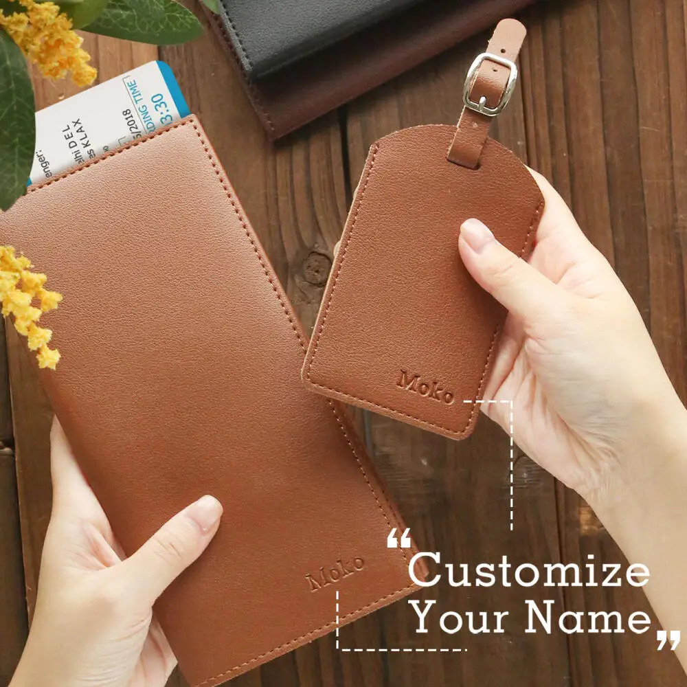 Funda de Pasaporte de Cuero PU con Nombre Personalizado Grabado y Juego de Etiquetas, Portadocumentos de Viaje Grabado Personalizado, Kit de Etiquetas para Maletas, Regalo