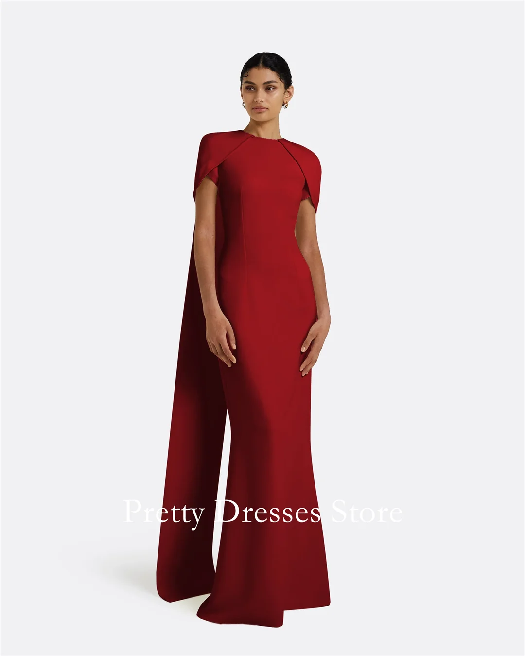 

High Neck Red Crepe Mermaid Cap Sleeves Dress Evening Dresses Customized Floor Length Party Prom Gowns Formal vestidos de fiesta