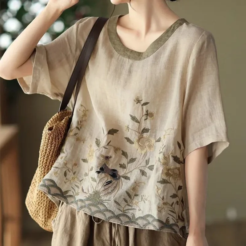 Cotton Linen Blouse Floral Print Womens Tops 2023 Spring Summer Literary Retro Embroidery Top Casual Contrast Round Neck Blouses