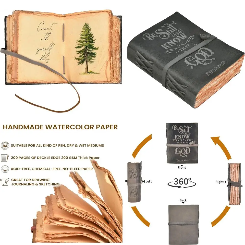 

Handcrafted 13x8 Vintage Leather Journal: Psalm 46:10, 200-Page Cotton Paper, Grey