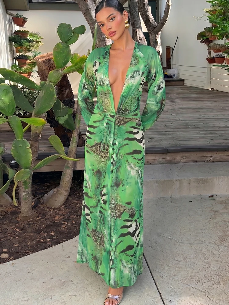 Kliou Sexy rückenfreies langes Kleid für Damen, Tiger-Streifen-Print, tiefer V-Ausschnitt, Laternenärmel, Urlaub, Strandparty, eleganter Stil, Vestidos – Detail 15