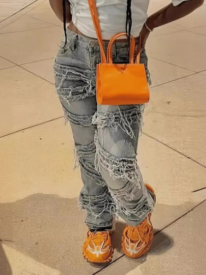 Streetwear Ripped Denim Trouser Spring Clothes Women High Waist Patchwork Straight Jeans Female Casual Basic Denim Pants Bottoms