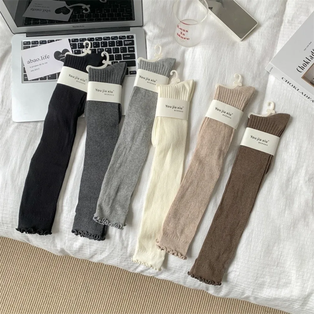 

Fashion Ruffles Long Stacked Socks Solid Color Warm Knee High Socks Vertical Striped High Elasticity Stockings Autumn Winter