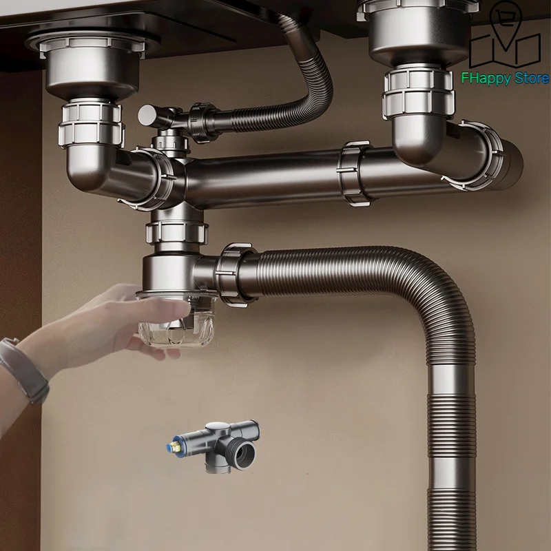 Kitchen Washbasin Sink Bathroom Downpipe Fittings Single And Double Sink Anti-odour Drain Pipe Tee Sink Drain Universal Set