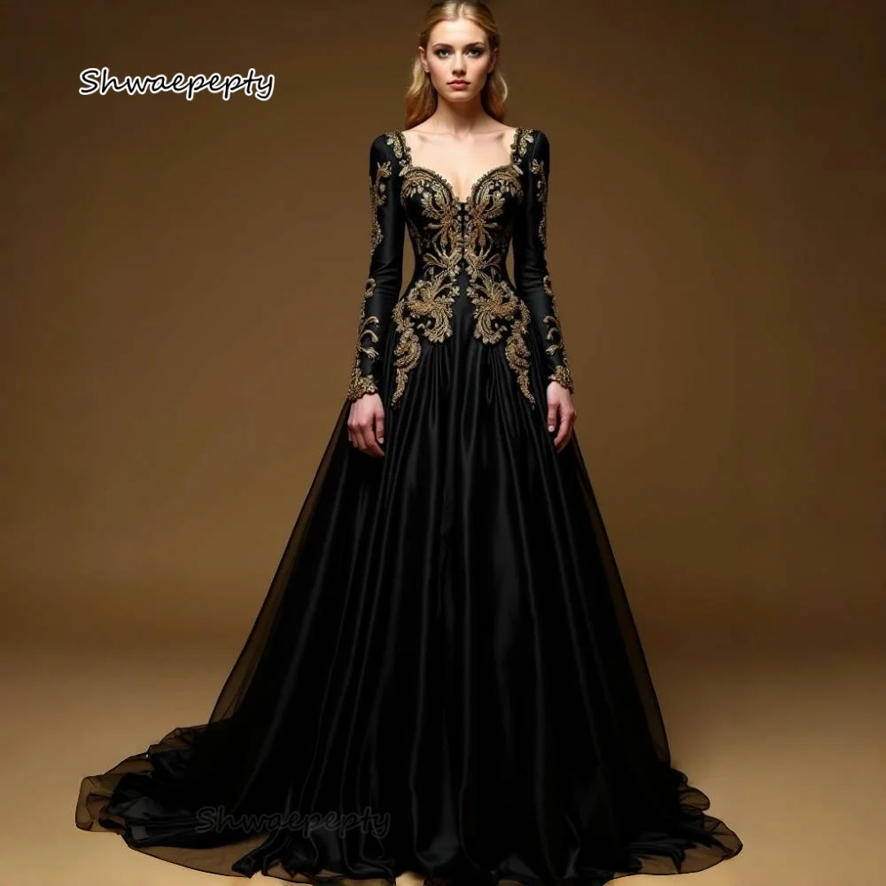 

Vintage Black Prom Dress Long Sleeves A-Line Formal Gown Evening Wear Gold Lace Beaded Customized Party Events Occasion Gown