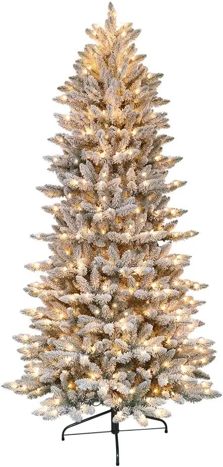 International 7.5 Foot  Slim Flocked Fraser Fir Artificial Christmas Tree with 500 UL Listed Clear Lights