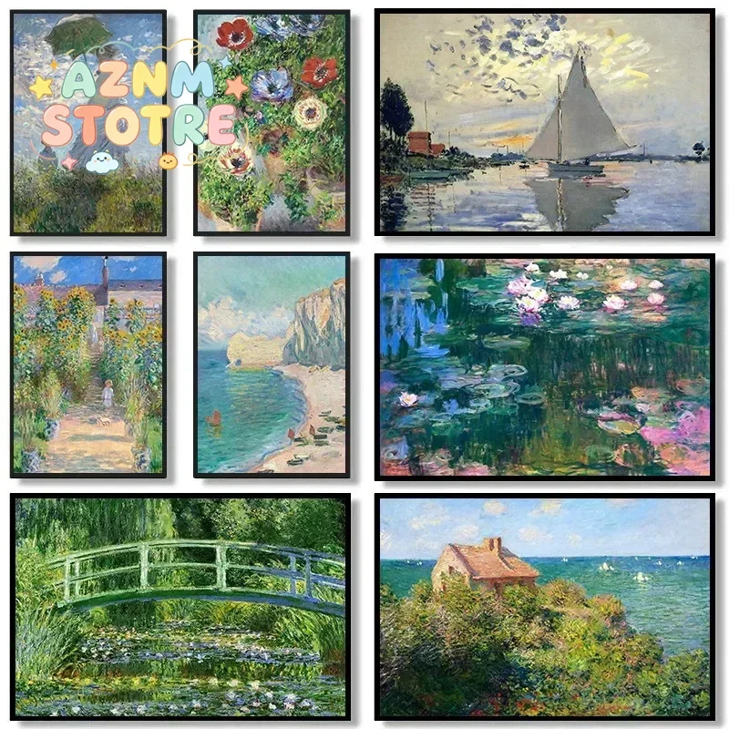 （2D Tin painting）Claude Monet Water Lilies Classical Garden Landscape Posters and Prints Canvas Printing Wall Art Picture for