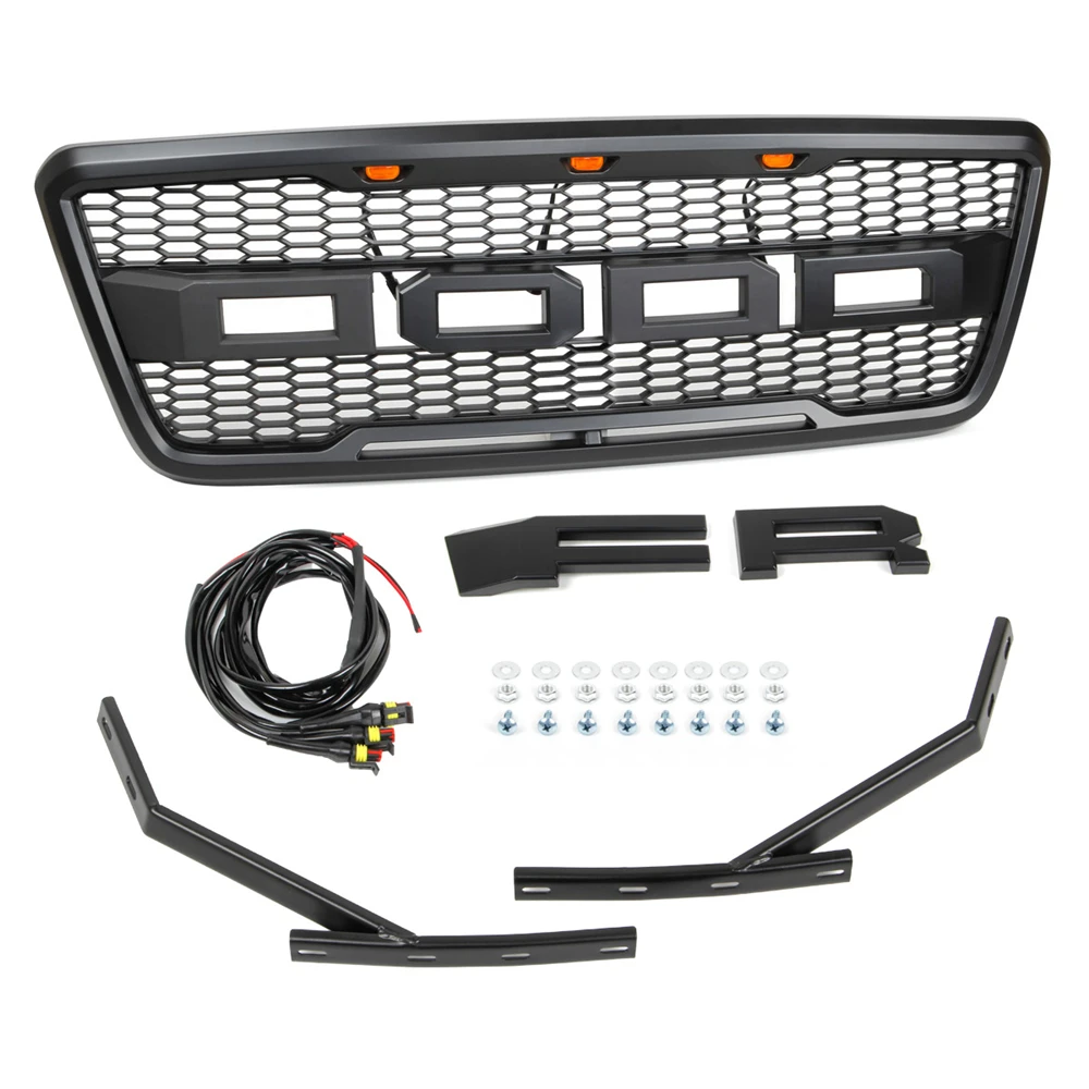 Griglia paraurti anteriore in ABS nero griglia stile Raptor con luci a LED ambra e lettere per Ford F150 2004-2008