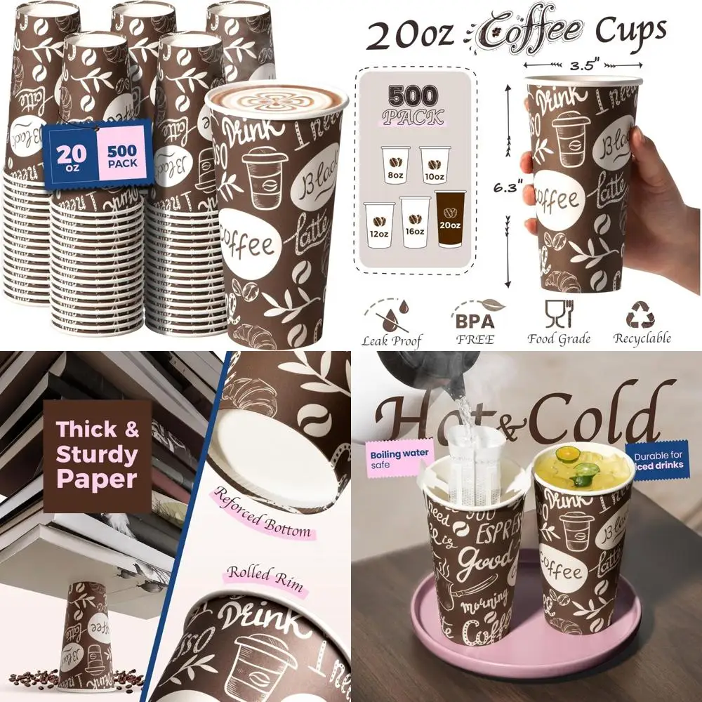 

Disposable Paper Coffee Cups 20 oz, Leak-Proof, 500 Count Bulk, Durable for Hot/Cold Beverages, Ideal for Meal Prep