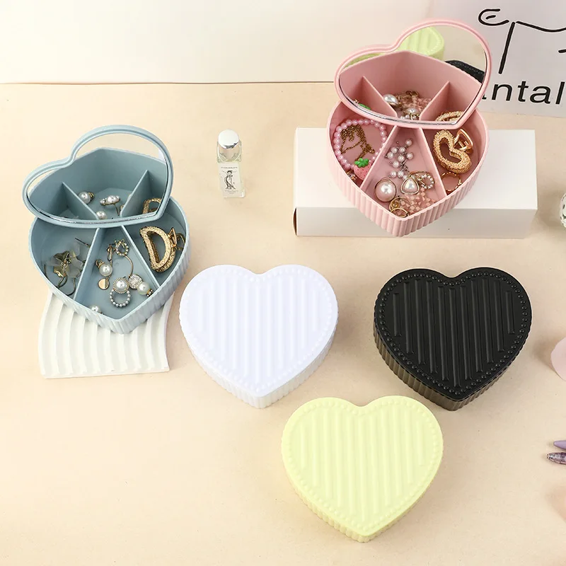 

Luxury Heart Jewelry Storage Box, Large Divided Desktop Accessory Case with Mirror for Women Jewelry Display