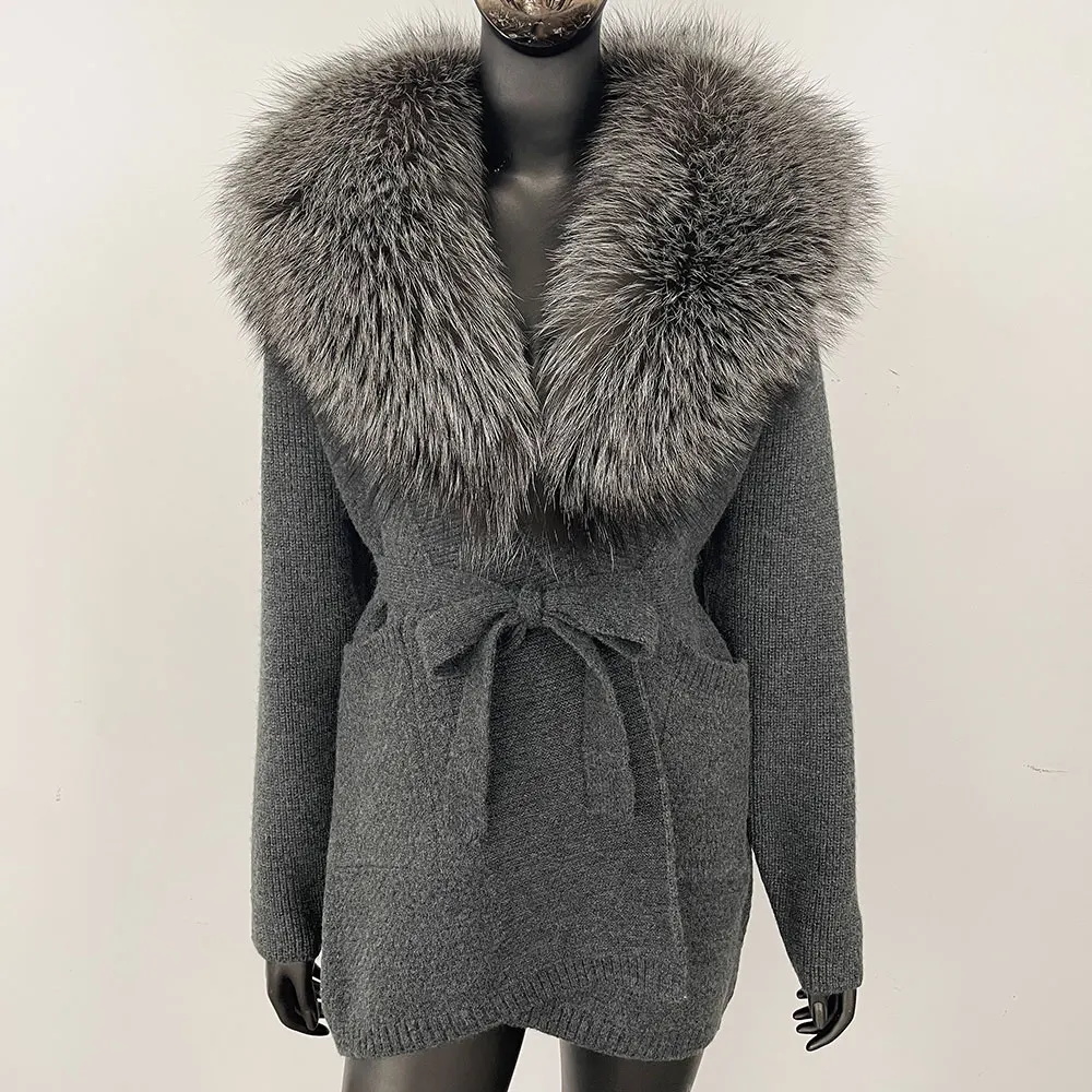 OFTBUY Giacca in pelliccia di procione naturale con cappuccio Autunno Cappotto in vera pelliccia di volpe Cardigan lavorato a maglia Capispalla donna Manica lunga Moda femminile