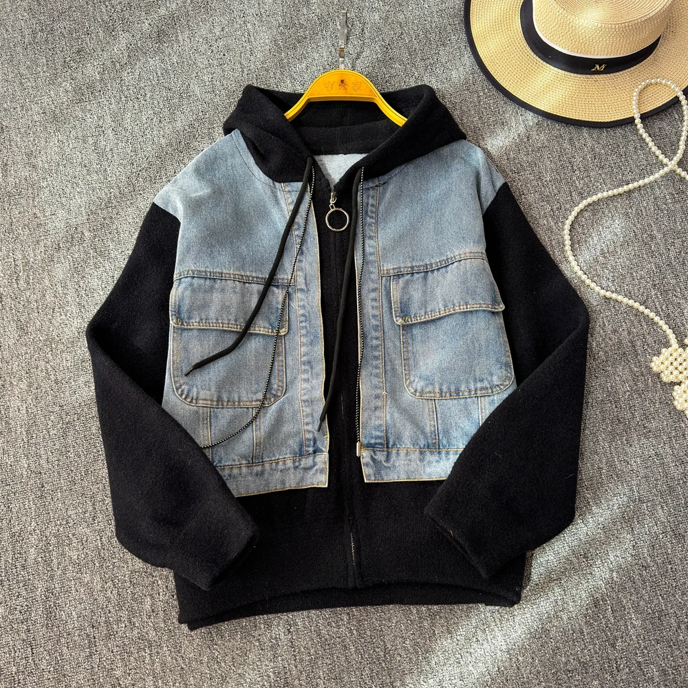 Vintage Denim Patchwork Hooded Sweatshirt For Women Winter and Autumn New Niche Loose Slimming Short Jacket