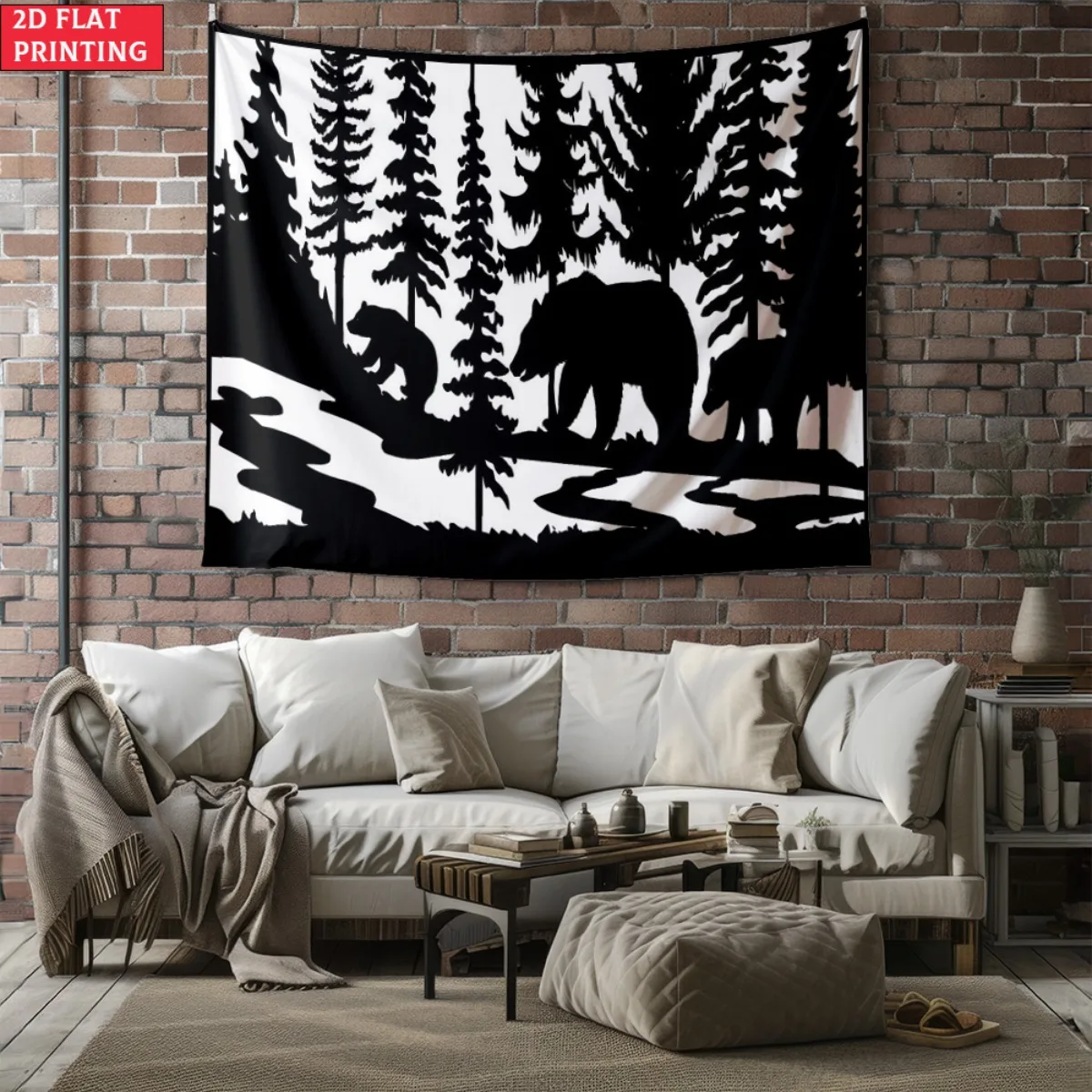 Tapiz de pared blanco y negro con silueta de bosque de oso sin marco, decoración natural salvaje, cabina, estilo lodge, estampado animal, sala de estar