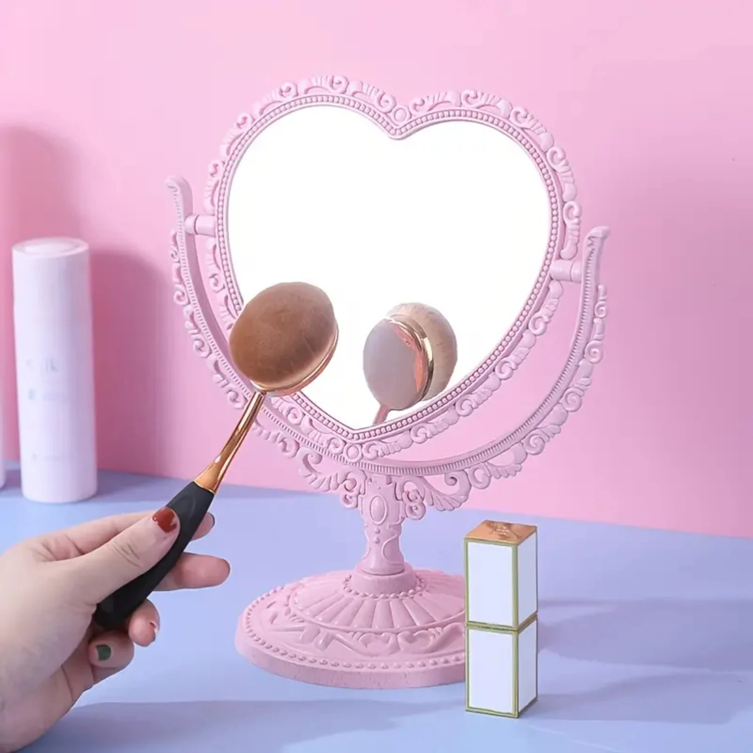 

Beautiful Elegant Vintage Heart-shaped Double-sided Vanity Makeup Mirror for Desk and Tabletop, Ideal Beauty Mirror for Bathroom