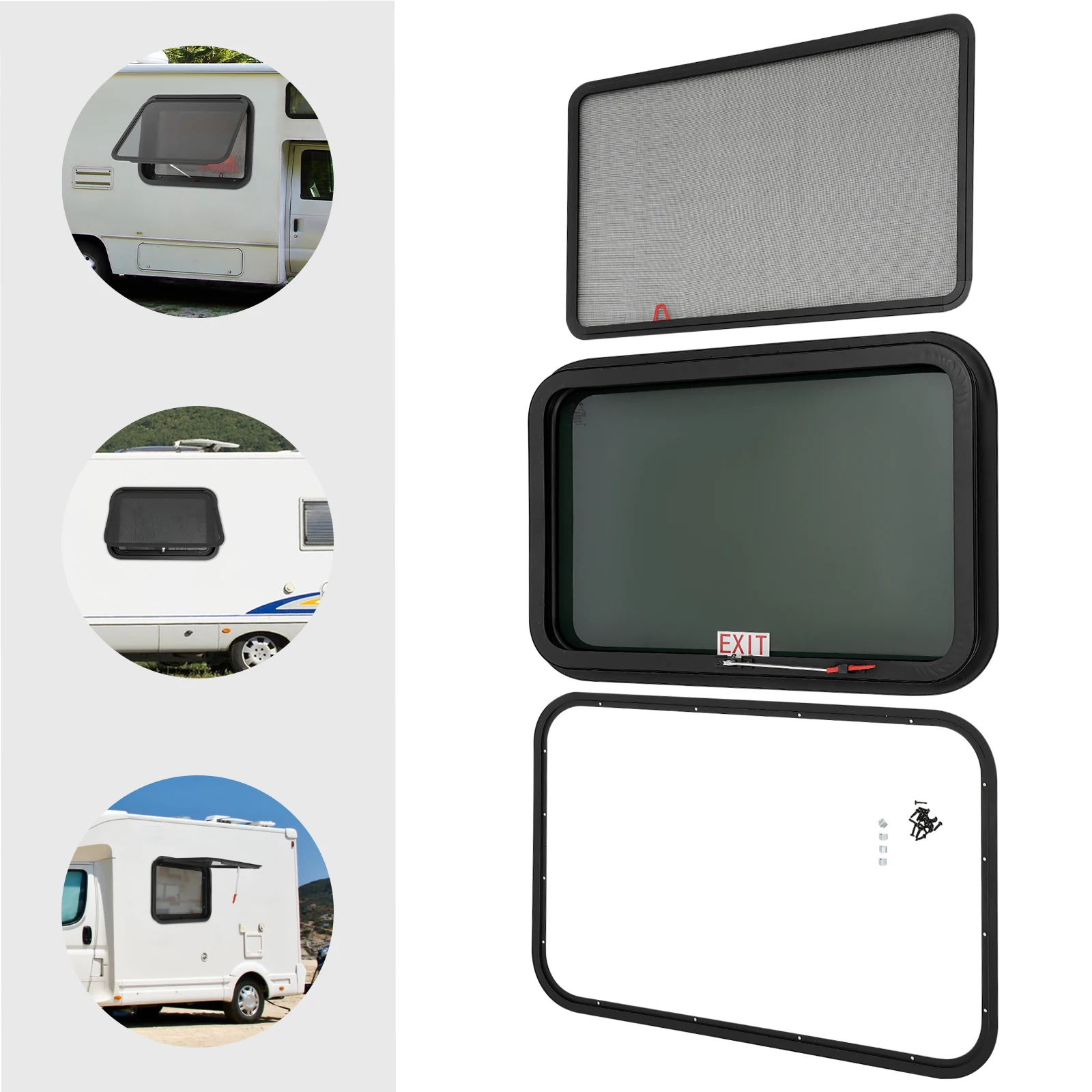 نافذة خروج RV مقاس 30 × 20 بوصة من الزجاج المقسى، نافذة تخييم زجاجية مرفوعة للأشعة فوق البنفسجية، شاشة حشرات للهروب في حالات الطوارئ، حماية من الأشعة فوق البنفسجية