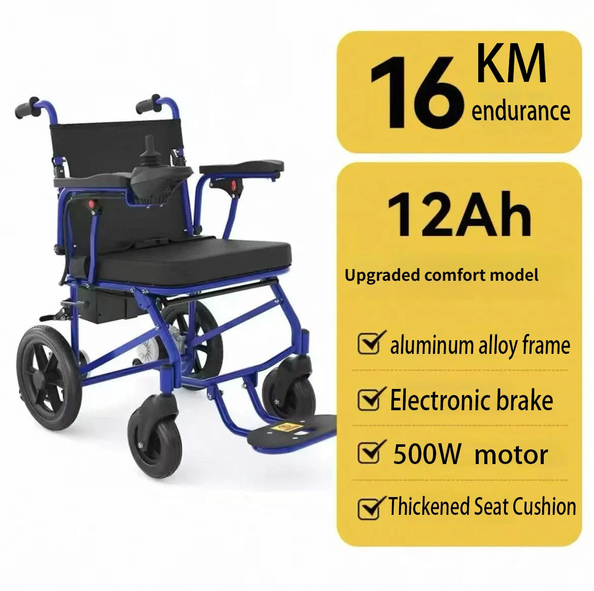 Fournitures de réadaptation 27 kg, entrepôt UE, fauteuil roulant électrique pliable économique, moteur 500W, frein électronique, fauteuil roulant électrique avec coussin épais