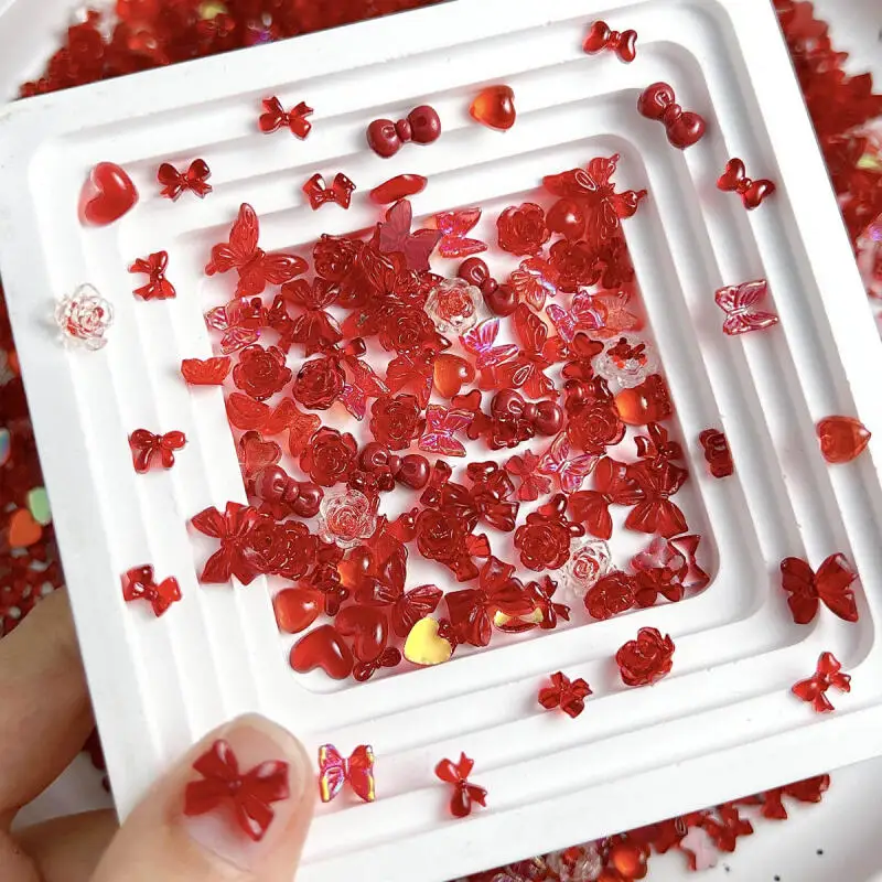 Solid Color Bows Heart Mixed Nail Art Charms 3D Jelly Red Series Butterfly Camellia Nail Decorations for DIY Hairpin Nail Crafts